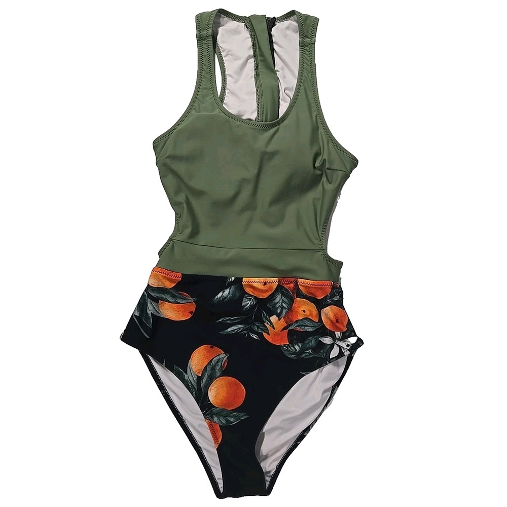 Cupshe Womens One Piece Swim Suit Racerback Green Black Oranges Size Medium